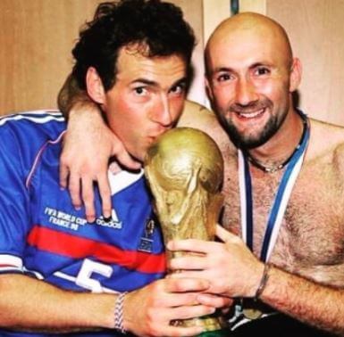 Anne Blanc husband Laurent Blanc with Fabien Barthez after the 1998 World Cup victory.